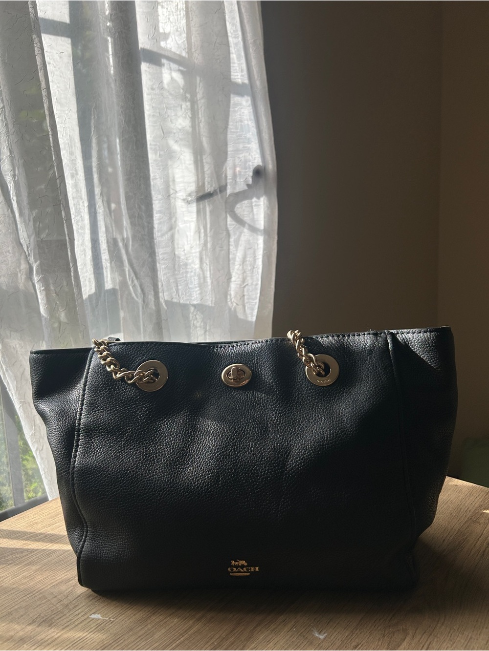 Coach Black Pebbled Leather Turnlock Tote with Gold Chain Accents